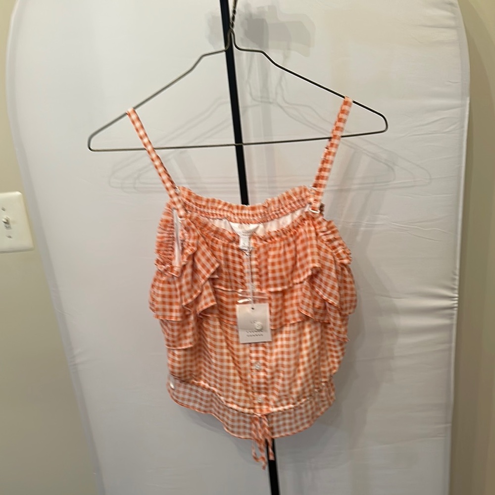 Chic Orange Gingham Ruffle Top